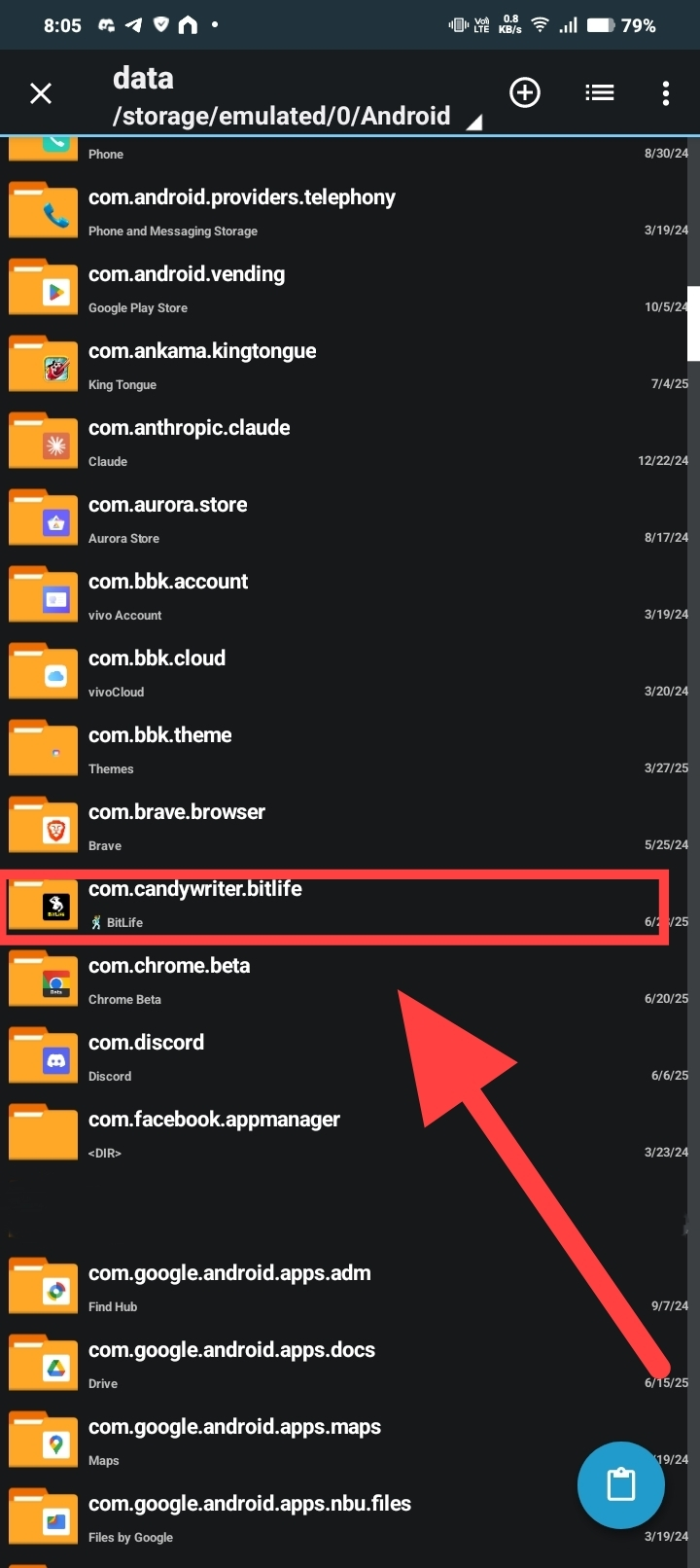 The com.candywriter.bitlife folder