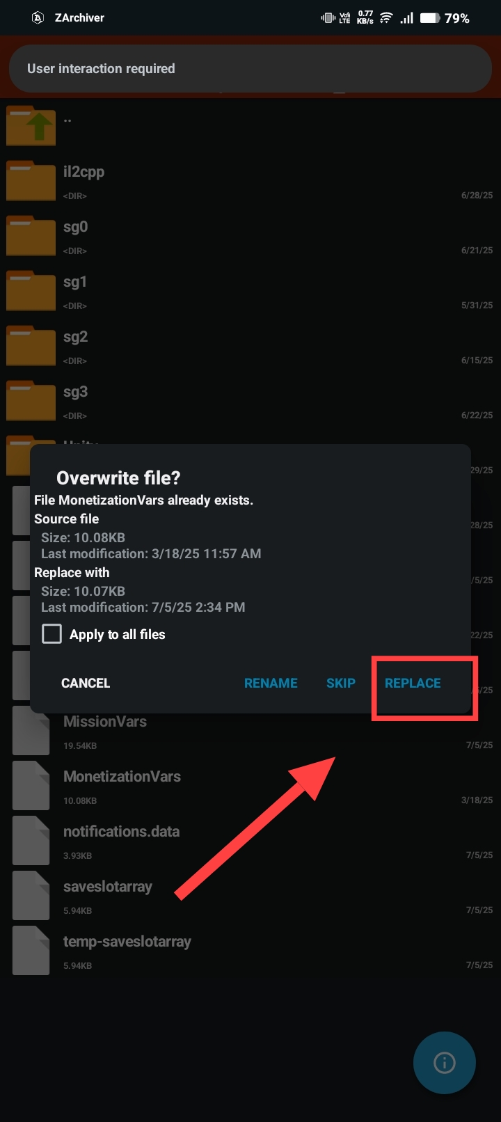 Overwrite file confirmation pop-up