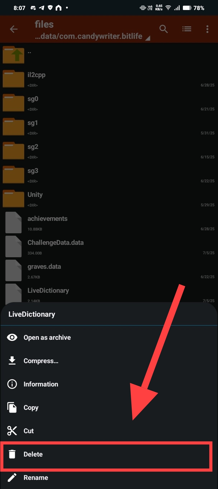 Deleting the LiveDictionary file